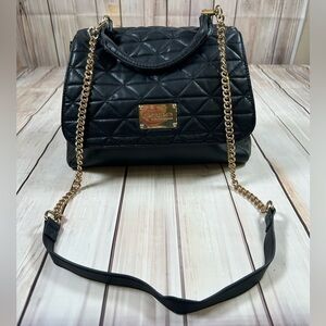 Parisian Chic Bebe Black and Gold Quilted Shoulder Bag.